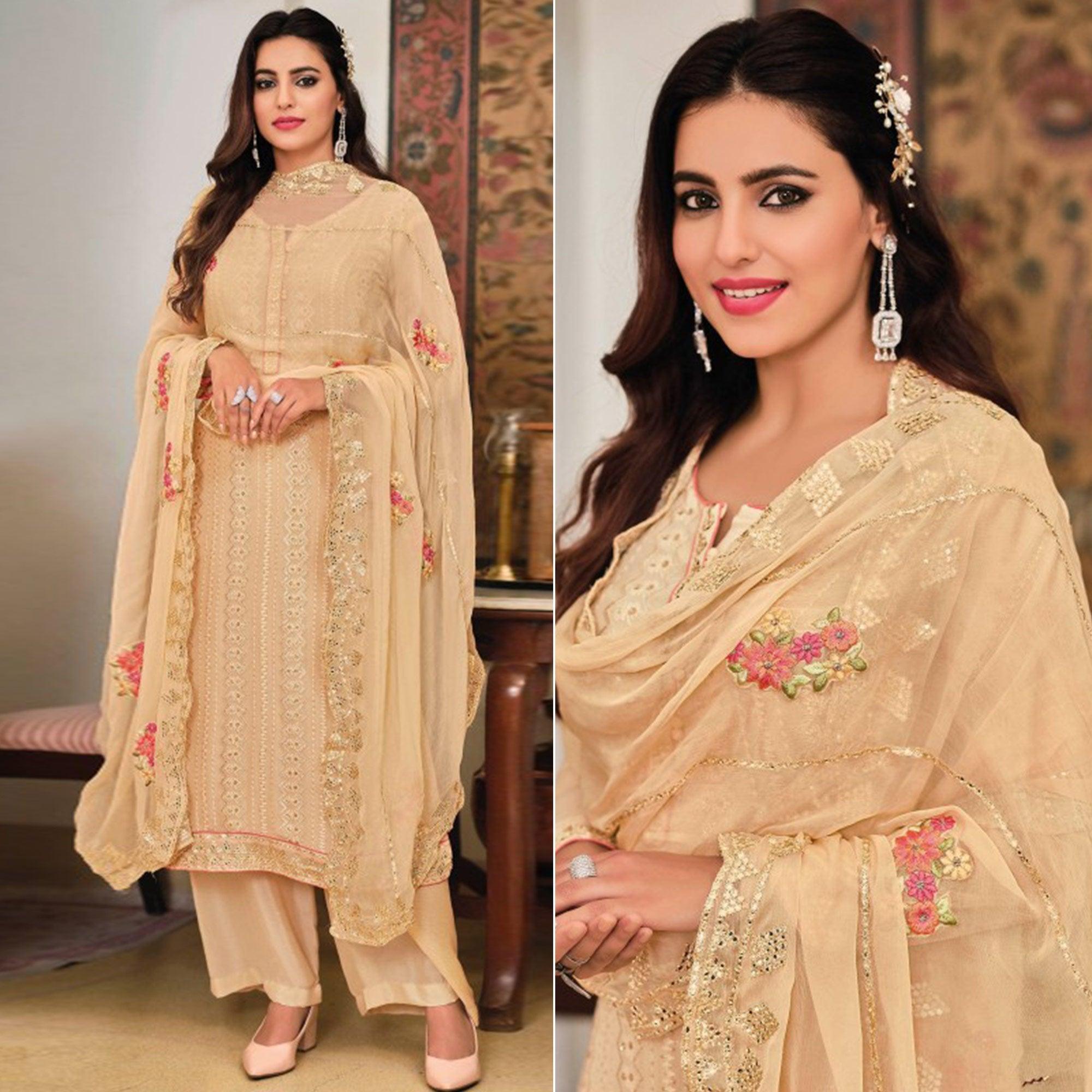 Beige Sequence Embroidered With Mirror Work Georgette Palazzo Suit - Peachmode