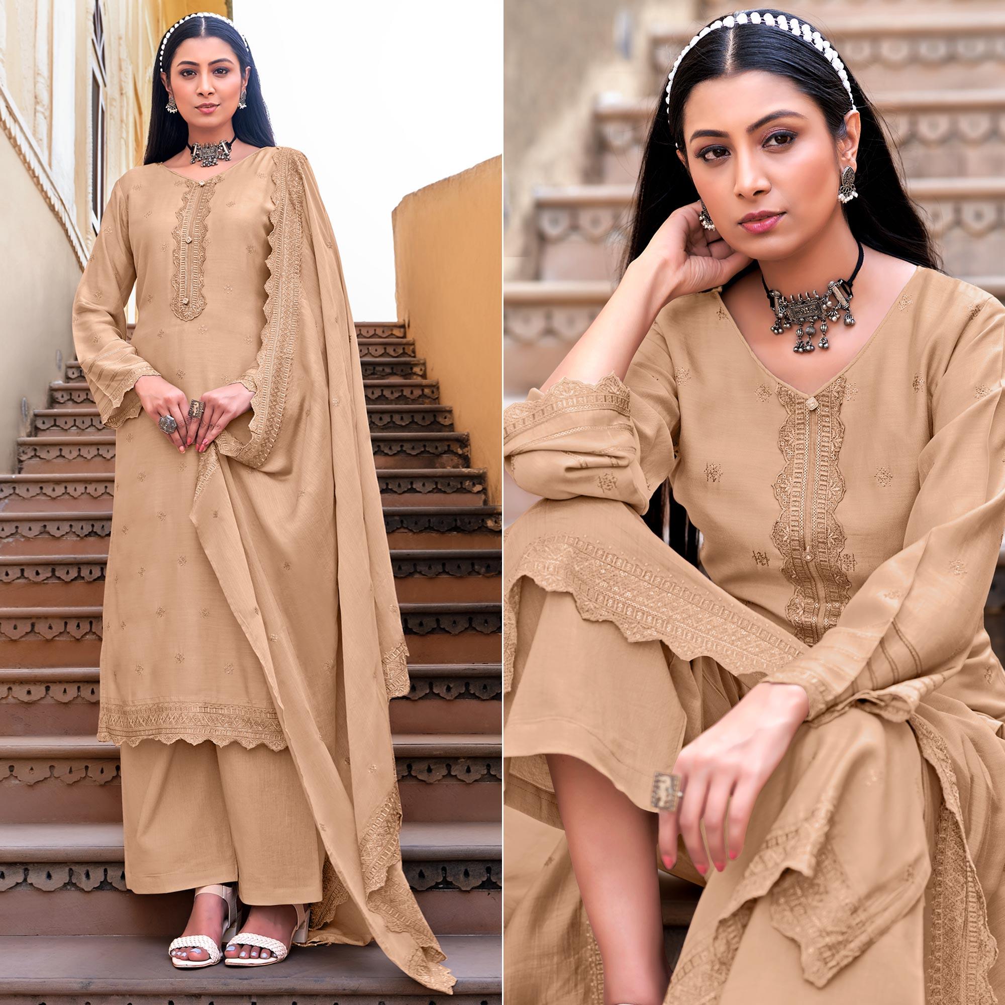 Beige Sequence Floral Embroidered Muslin Suit - Peachmode