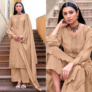 Beige Sequence Floral Embroidered Muslin Suit - Peachmode