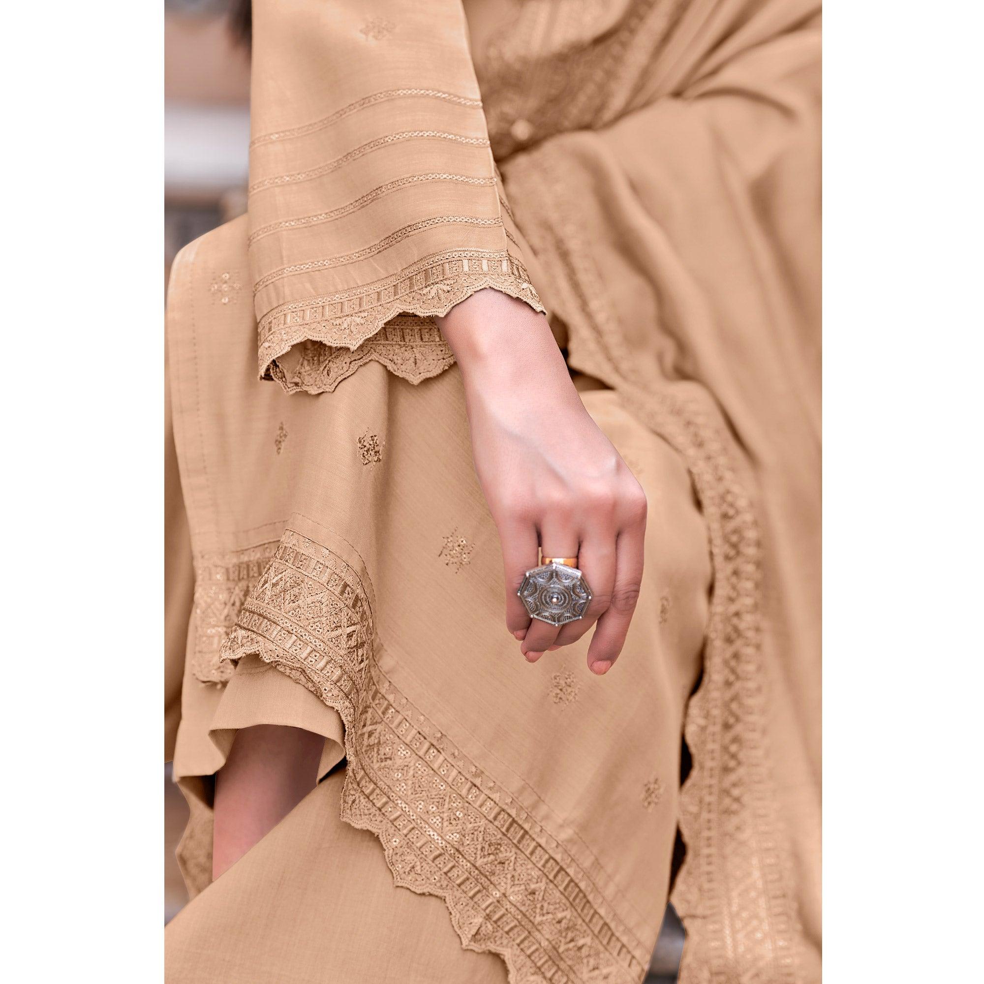 Beige Sequence Floral Embroidered Muslin Suit - Peachmode