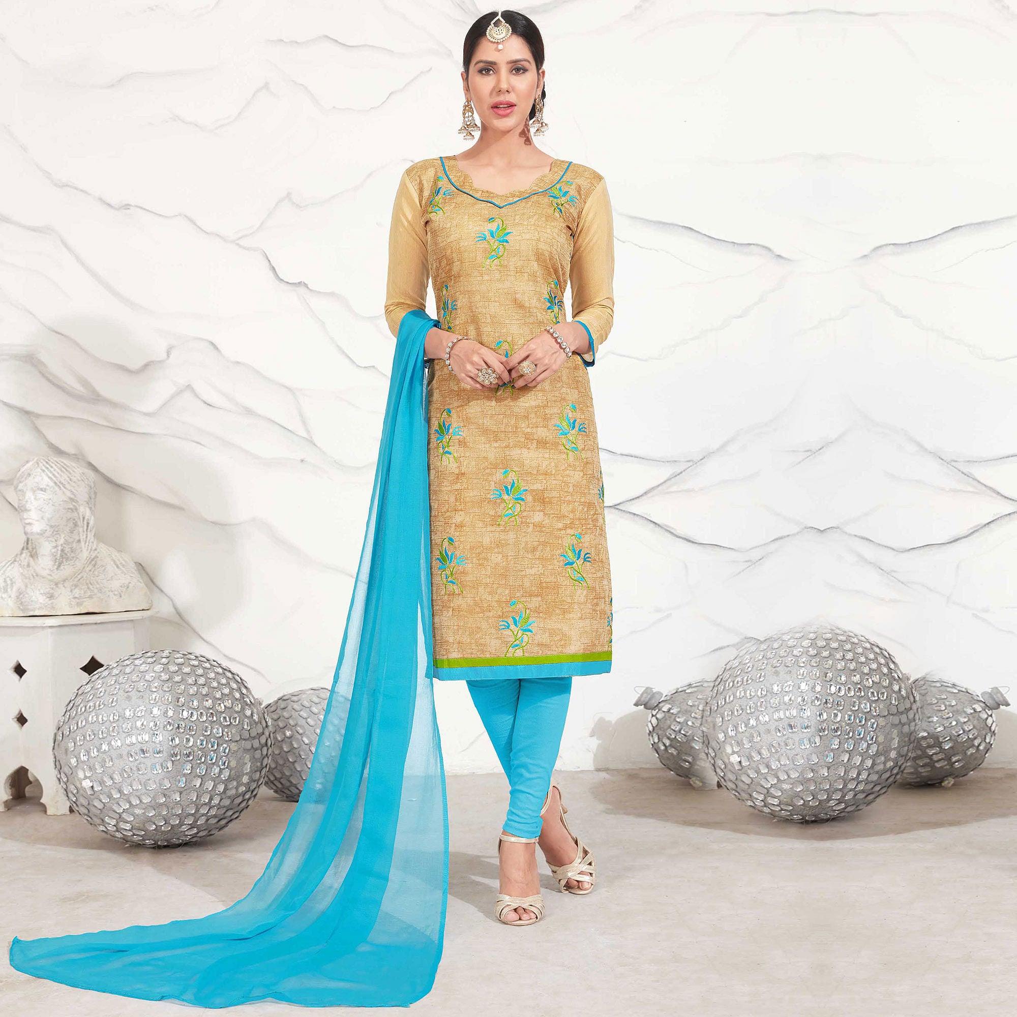 Beige - Sky Blue Embroidered Chanderi Dress Material - Peachmode
