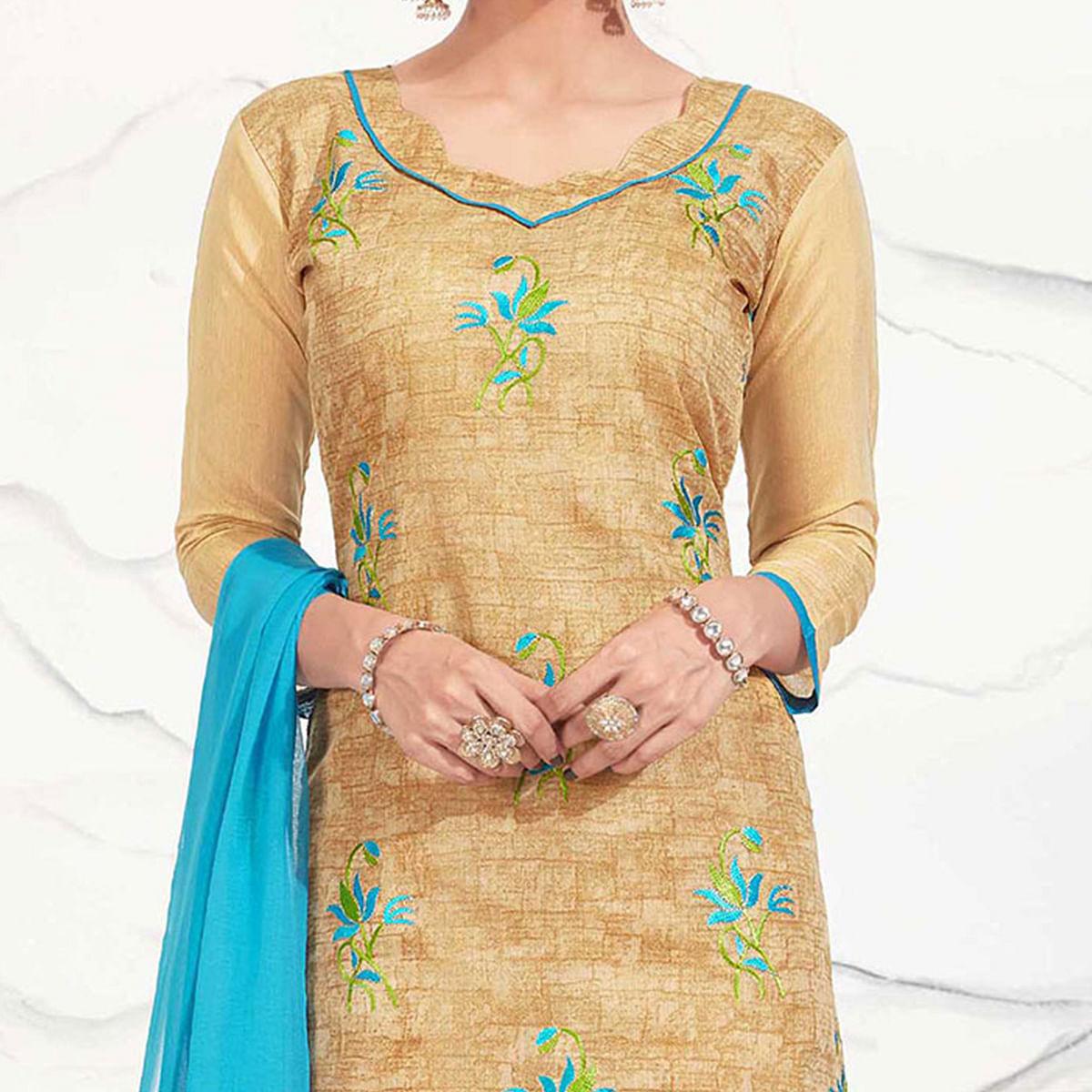 Beige - Sky Blue Embroidered Chanderi Dress Material - Peachmode