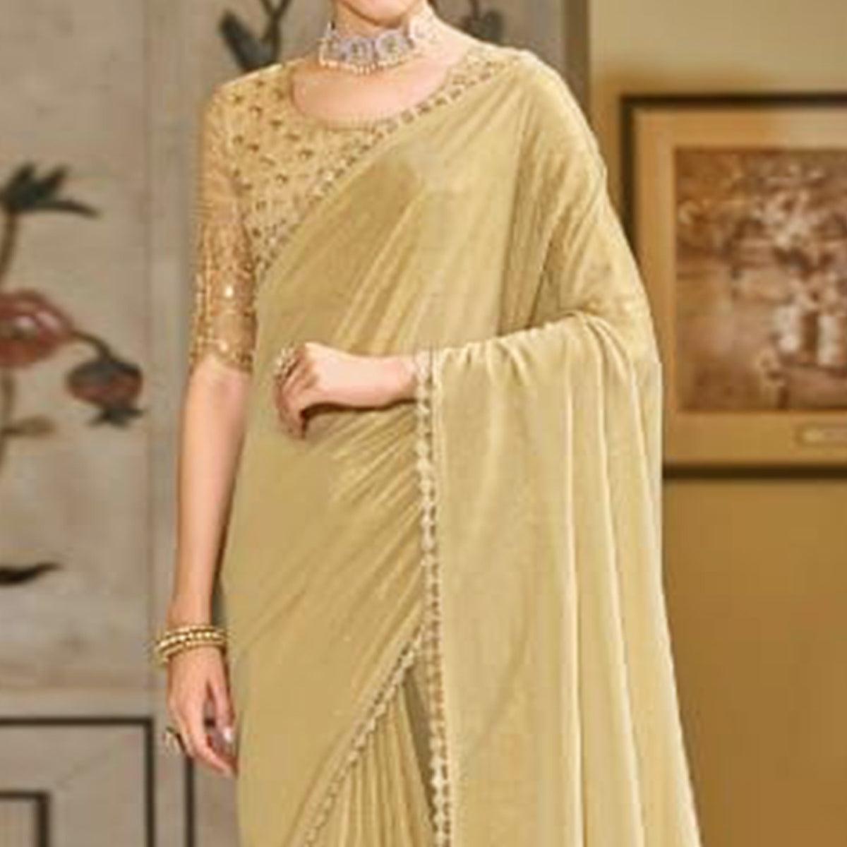 Beige Solid Art Silk Saree - Peachmode