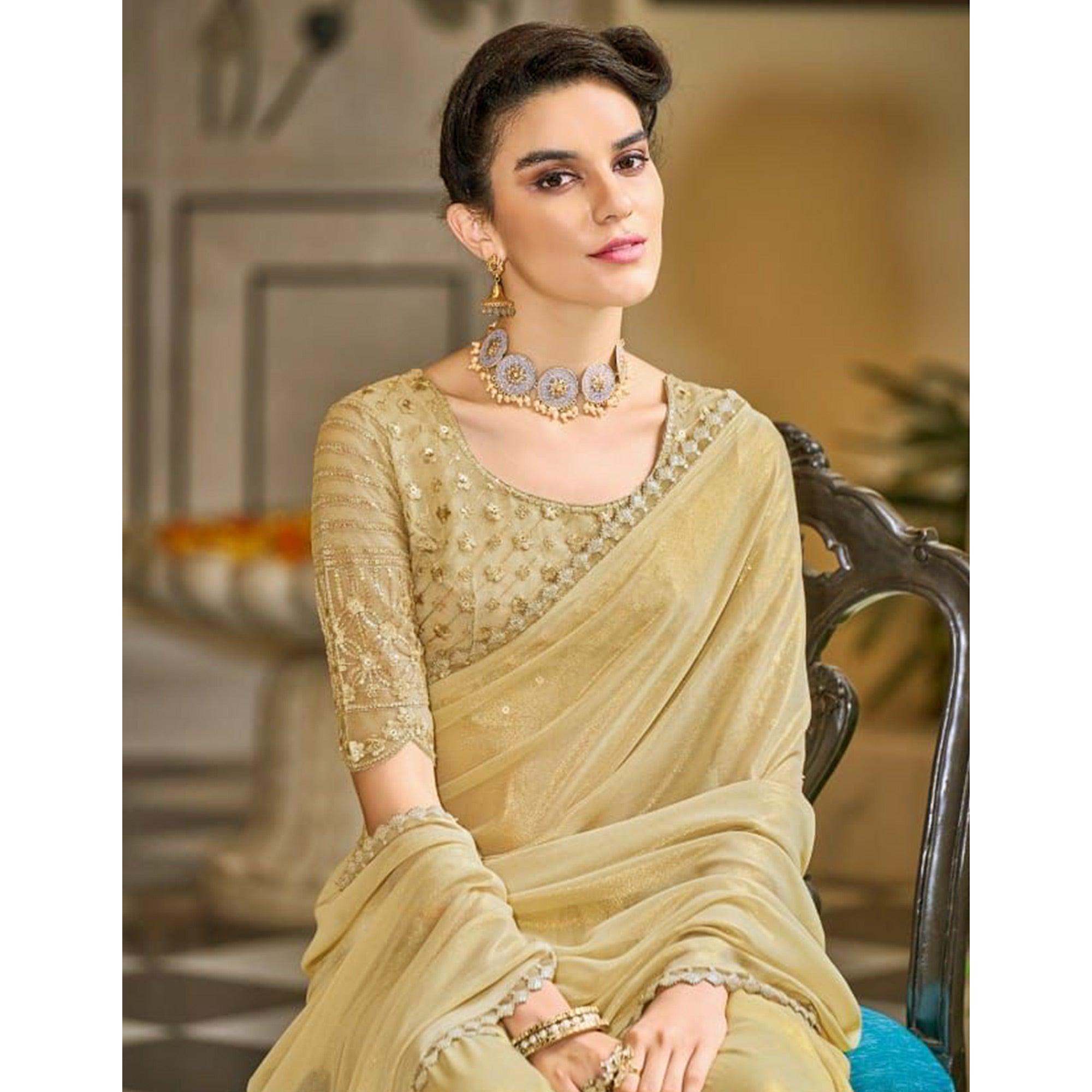 Beige Solid Art Silk Saree - Peachmode