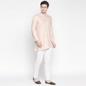 Beige Solid Pure Cotton Kurta With Asymmetric Hem - Peachmode
