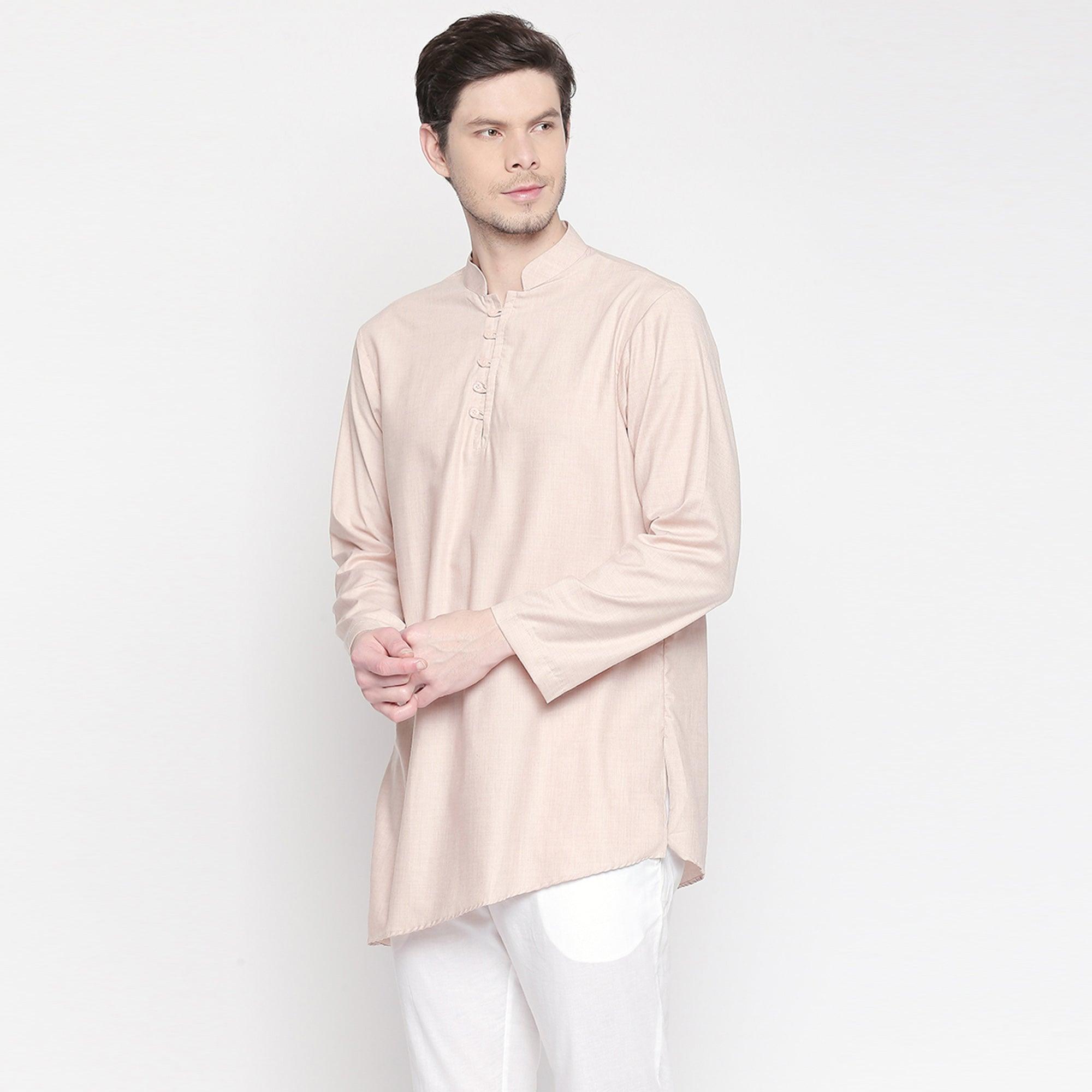 Beige Solid Pure Cotton Kurta With Asymmetric Hem - Peachmode
