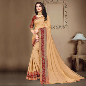 Beige Solid Vichitra Silk Saree - Peachmode