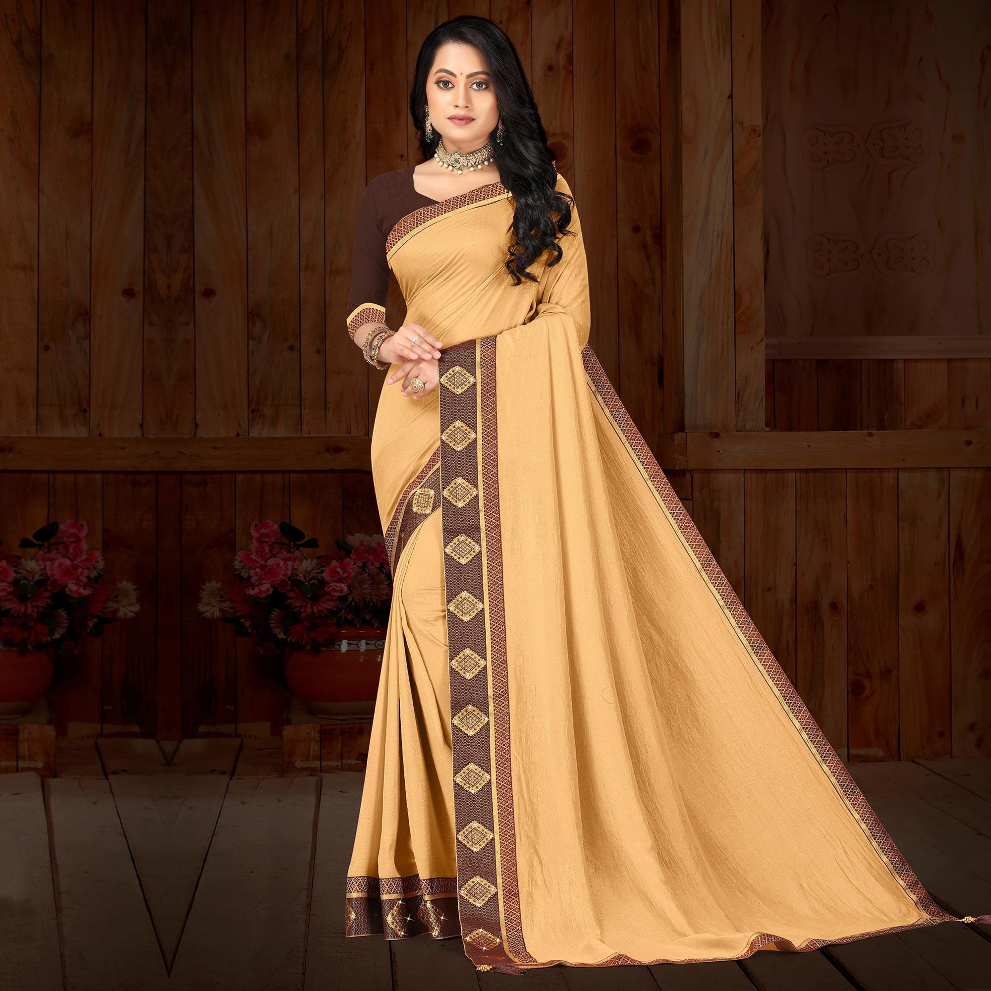 Beige Solid Vichitra Silk Saree - Peachmode