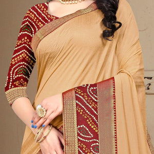 Beige Solid Vichitra Silk Saree - Peachmode