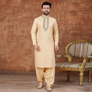 Beige Solid With Embroidered Pure Cotton Kurta Pyjama Set - Peachmode