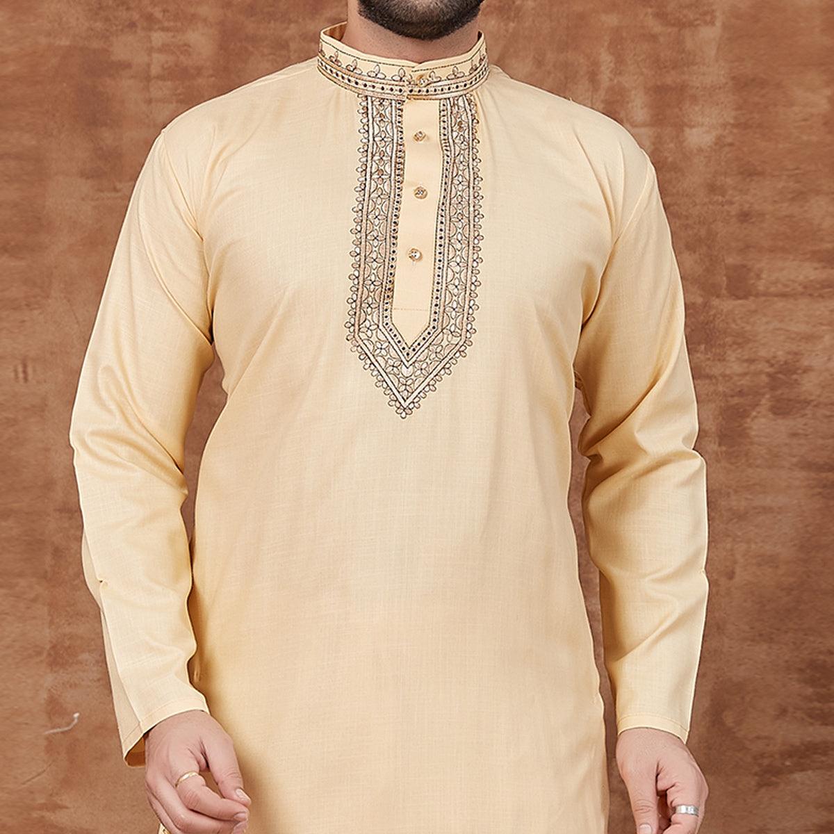Beige Solid With Embroidered Pure Cotton Kurta Pyjama Set - Peachmode