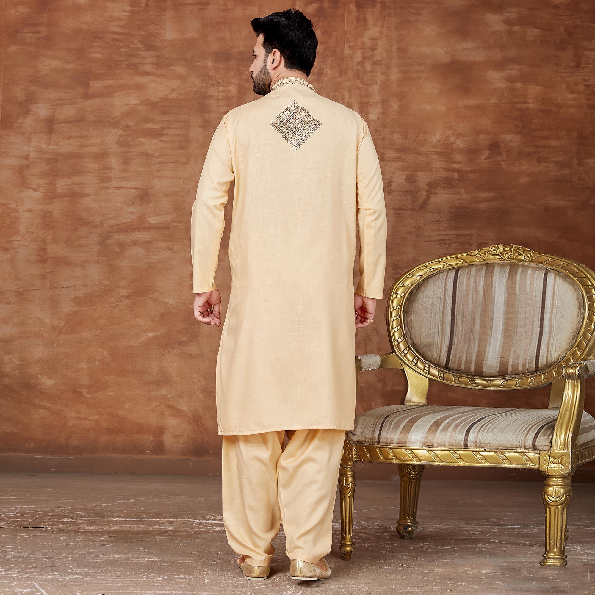 Beige Solid With Embroidered Pure Cotton Kurta Pyjama Set - Peachmode