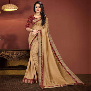 Beige Solid With Fancy Border Work Vichitra Silk Saree - Peachmode