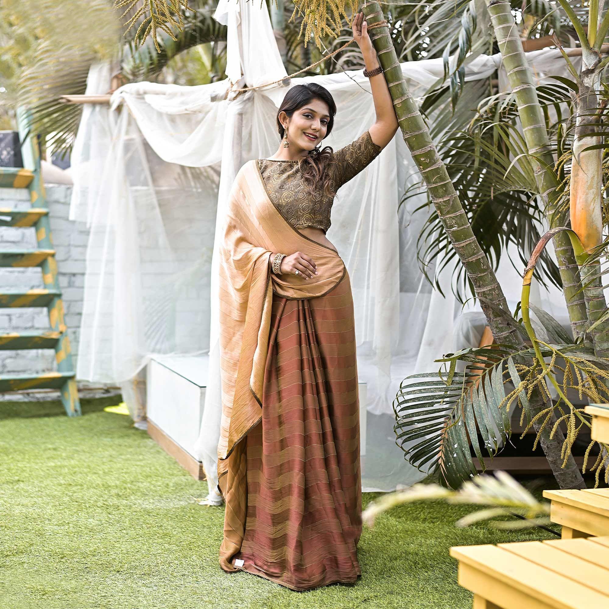 Beige Stripe Printed Satin Half and Half Saree - Peachmode