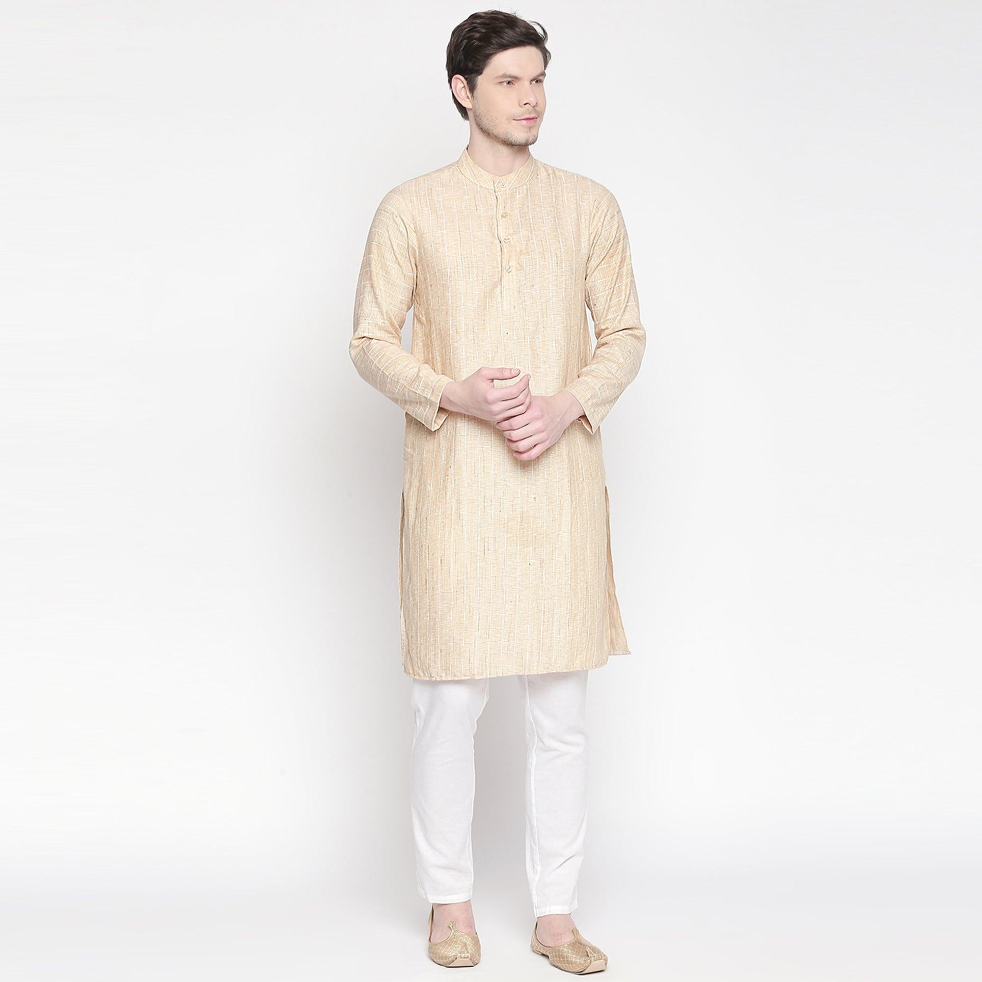 Beige Striped Printed Pure Cotton Kurta - Peachmode
