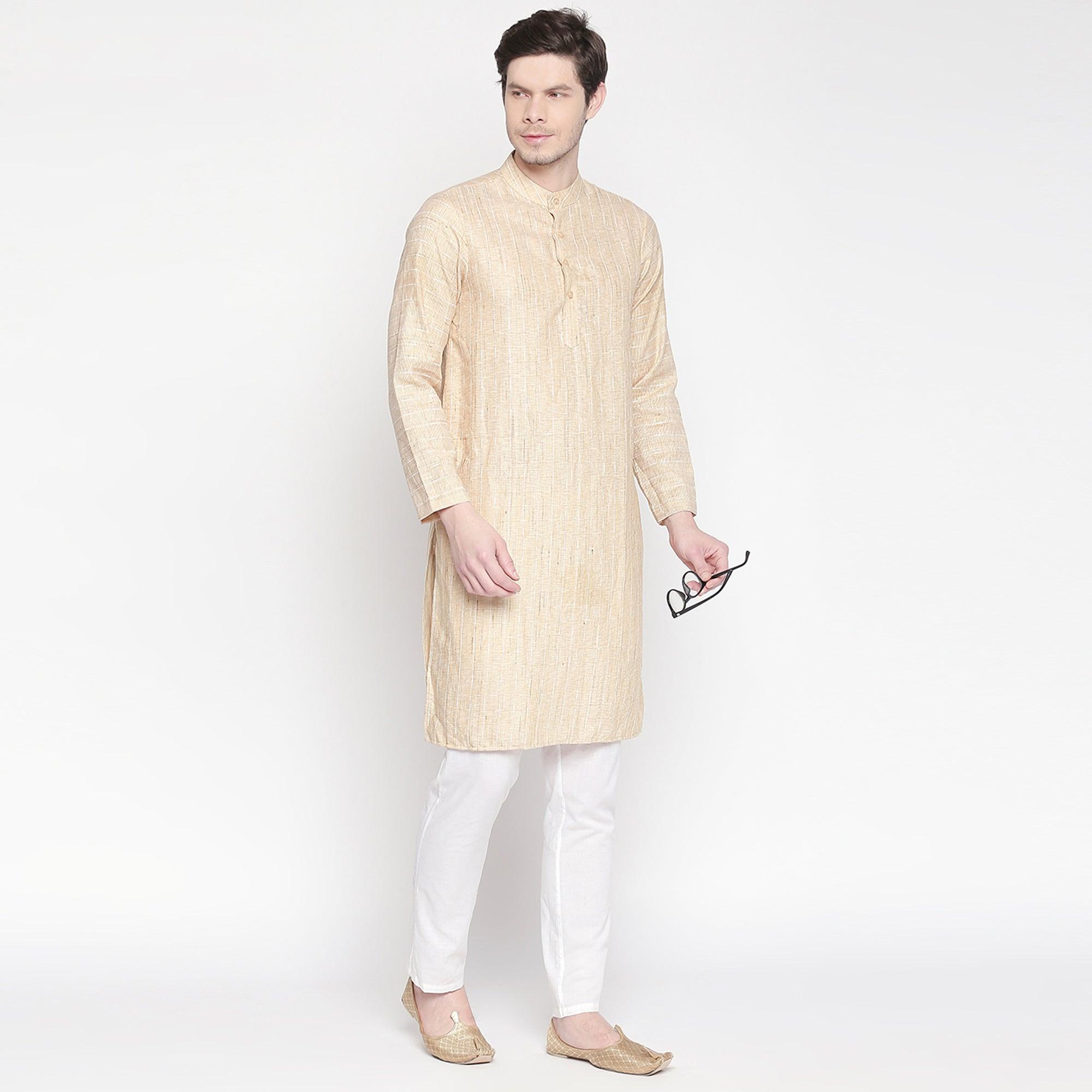 Beige Striped Printed Pure Cotton Kurta - Peachmode
