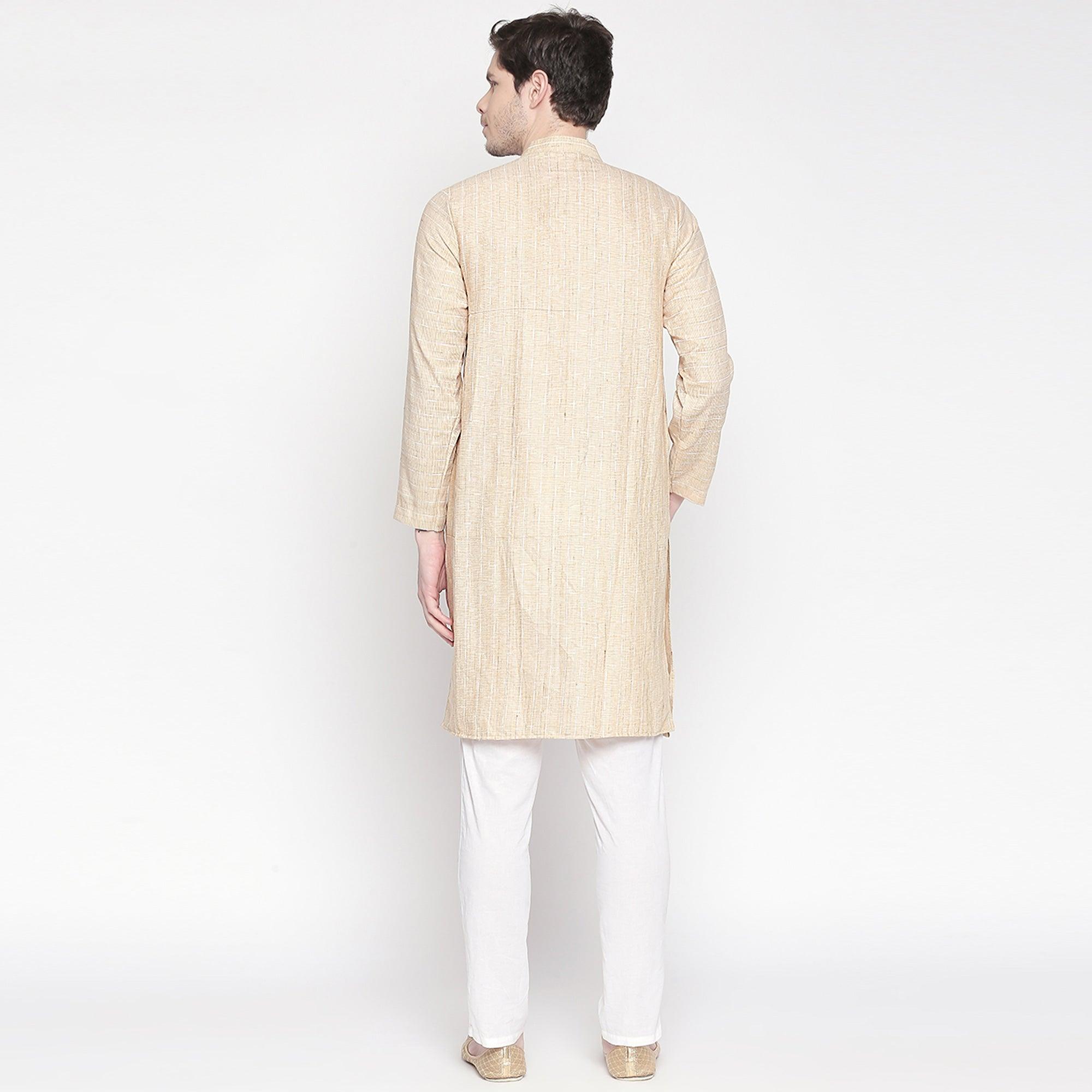 Beige Striped Printed Pure Cotton Kurta - Peachmode