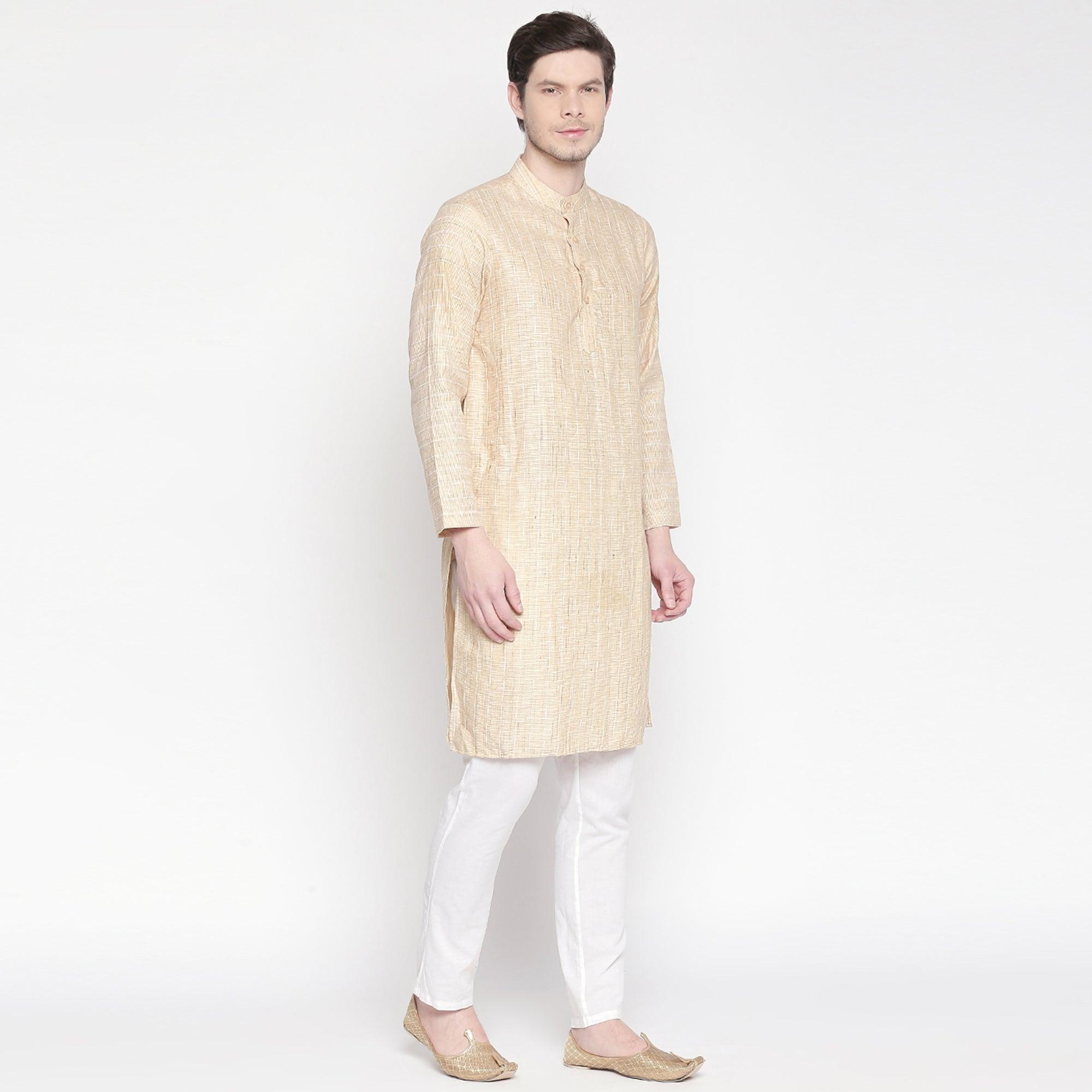 Beige Striped Printed Pure Cotton Kurta - Peachmode