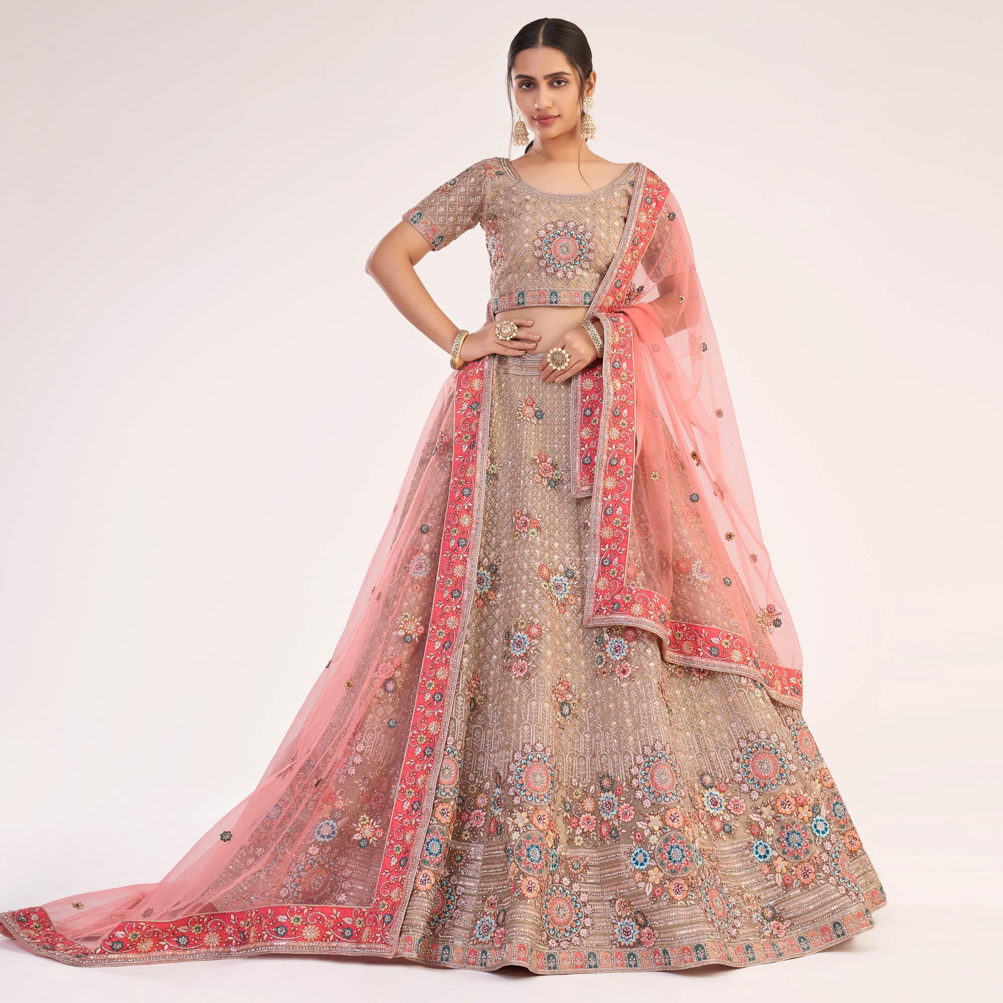 Beige Wedding Wear Embellished Heavy Butterfly Net Lehenga Choli - Peachmode