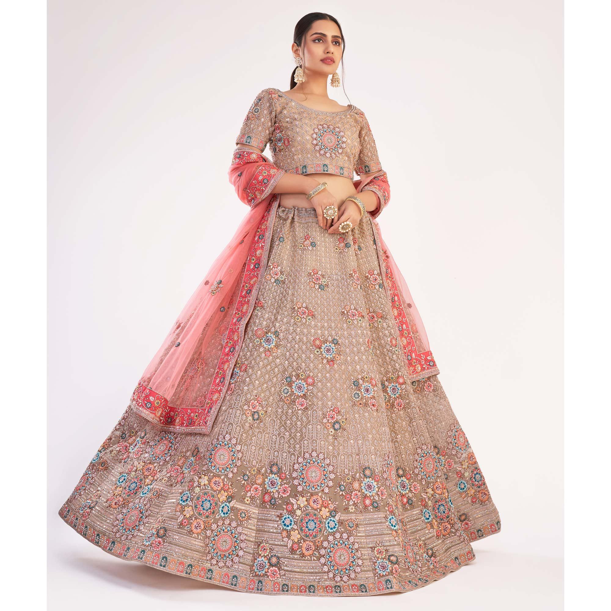 Beige Wedding Wear Embellished Heavy Butterfly Net Lehenga Choli - Peachmode