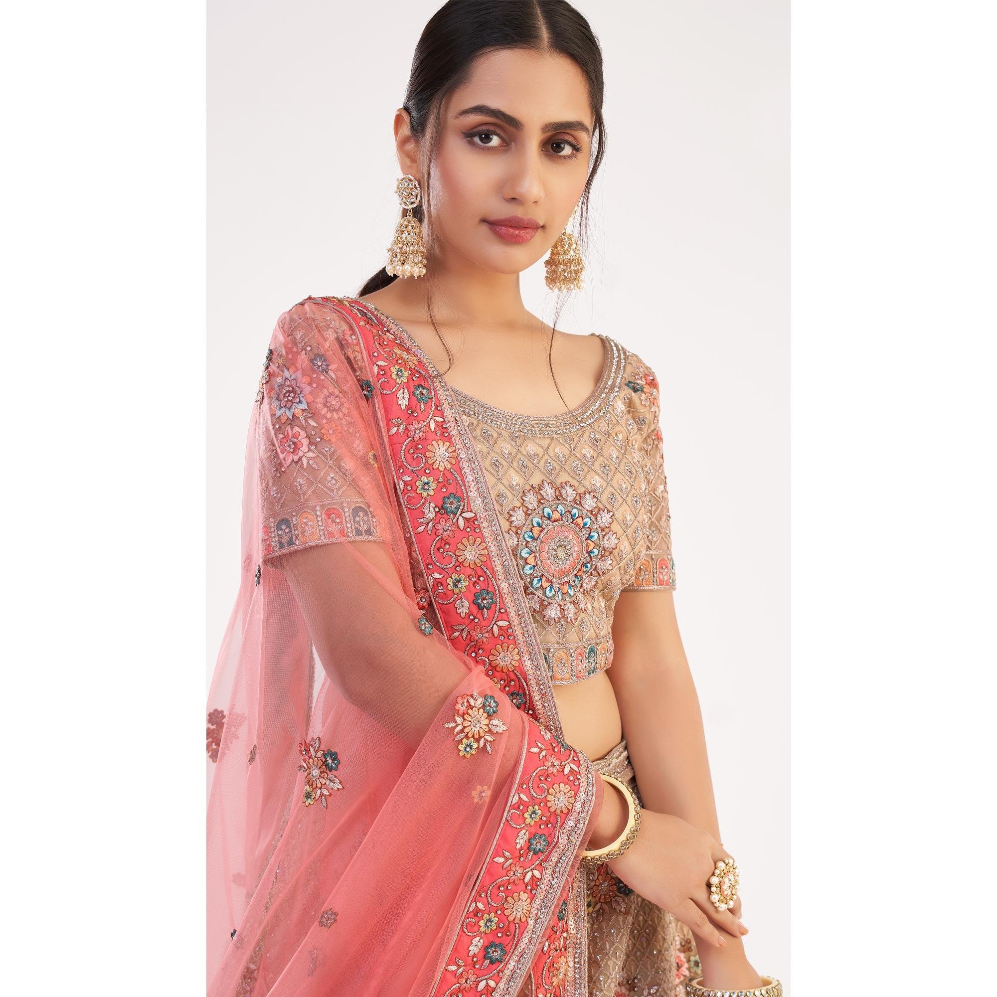 Beige Wedding Wear Embellished Heavy Butterfly Net Lehenga Choli - Peachmode