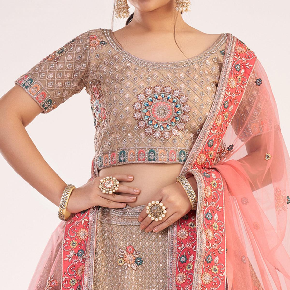 Beige Wedding Wear Embellished Heavy Butterfly Net Lehenga Choli - Peachmode
