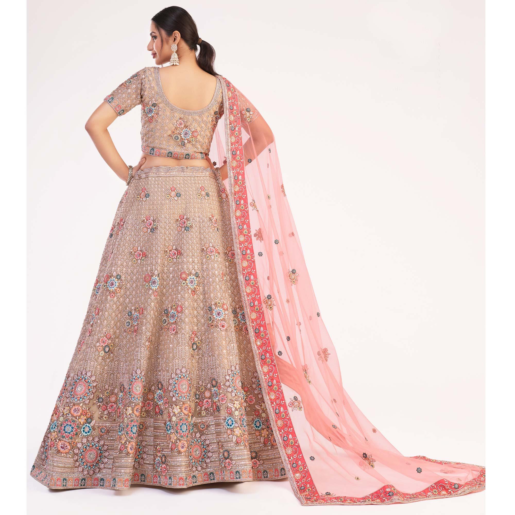 Beige Wedding Wear Embellished Heavy Butterfly Net Lehenga Choli - Peachmode