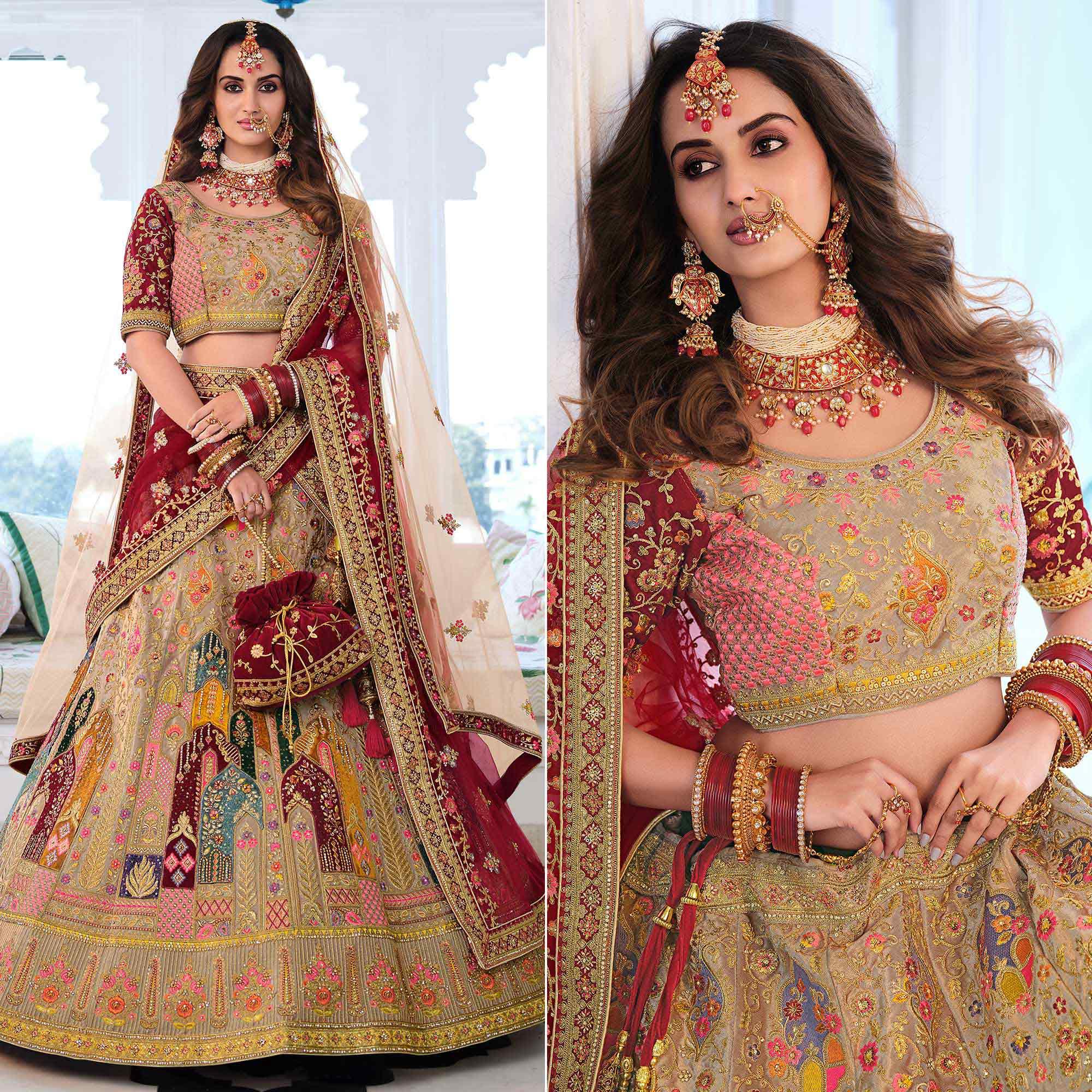 Beige Wedding Wear Sequence Floral Embroidered Velvet Lehenga Choli - Peachmode