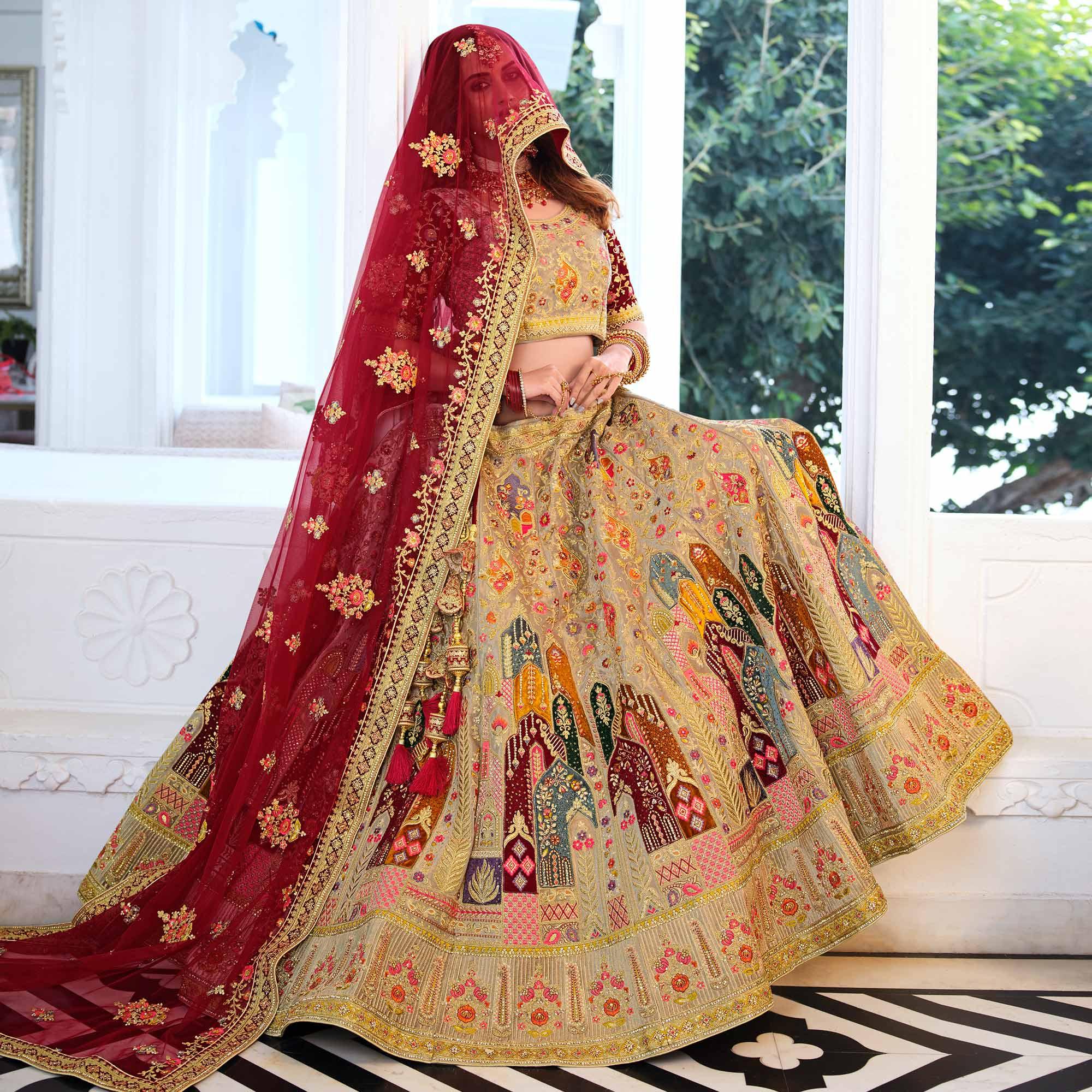 Beige Wedding Wear Sequence Floral Embroidered Velvet Lehenga Choli - Peachmode