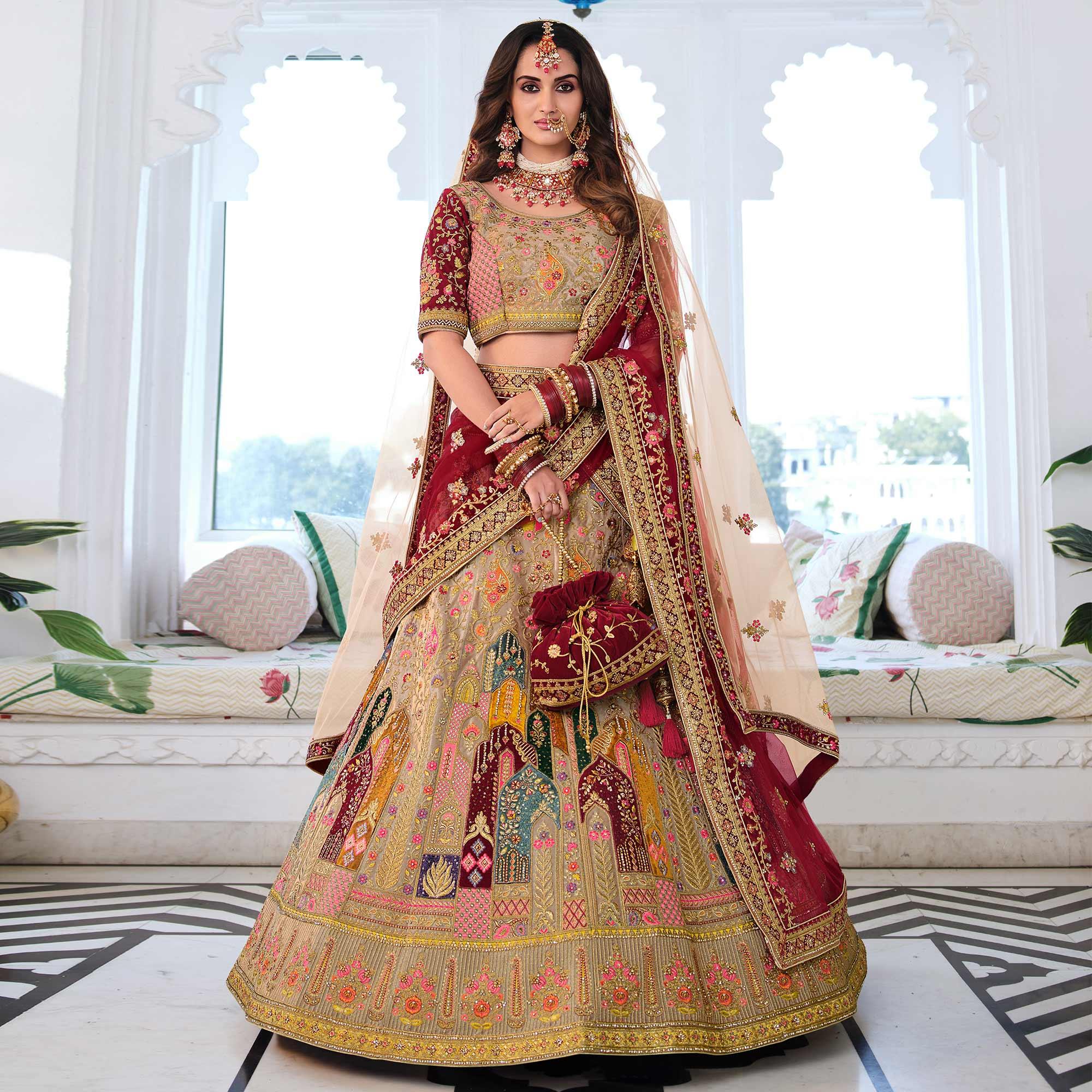 Beige Wedding Wear Sequence Floral Embroidered Velvet Lehenga Choli - Peachmode