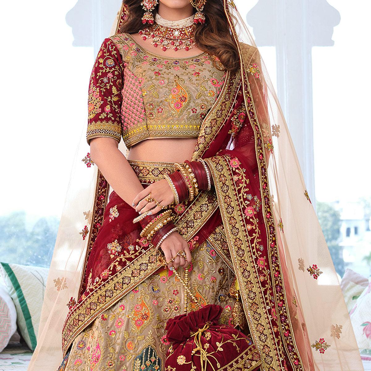 Beige Wedding Wear Sequence Floral Embroidered Velvet Lehenga Choli - Peachmode