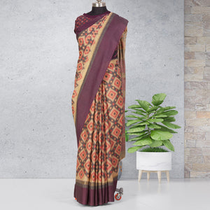 Beige-Wine Festive Wear Digital Printed Cotton Saree - Peachmode