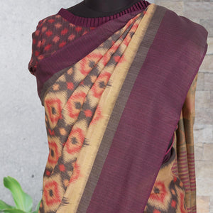 Beige-Wine Festive Wear Digital Printed Cotton Saree - Peachmode