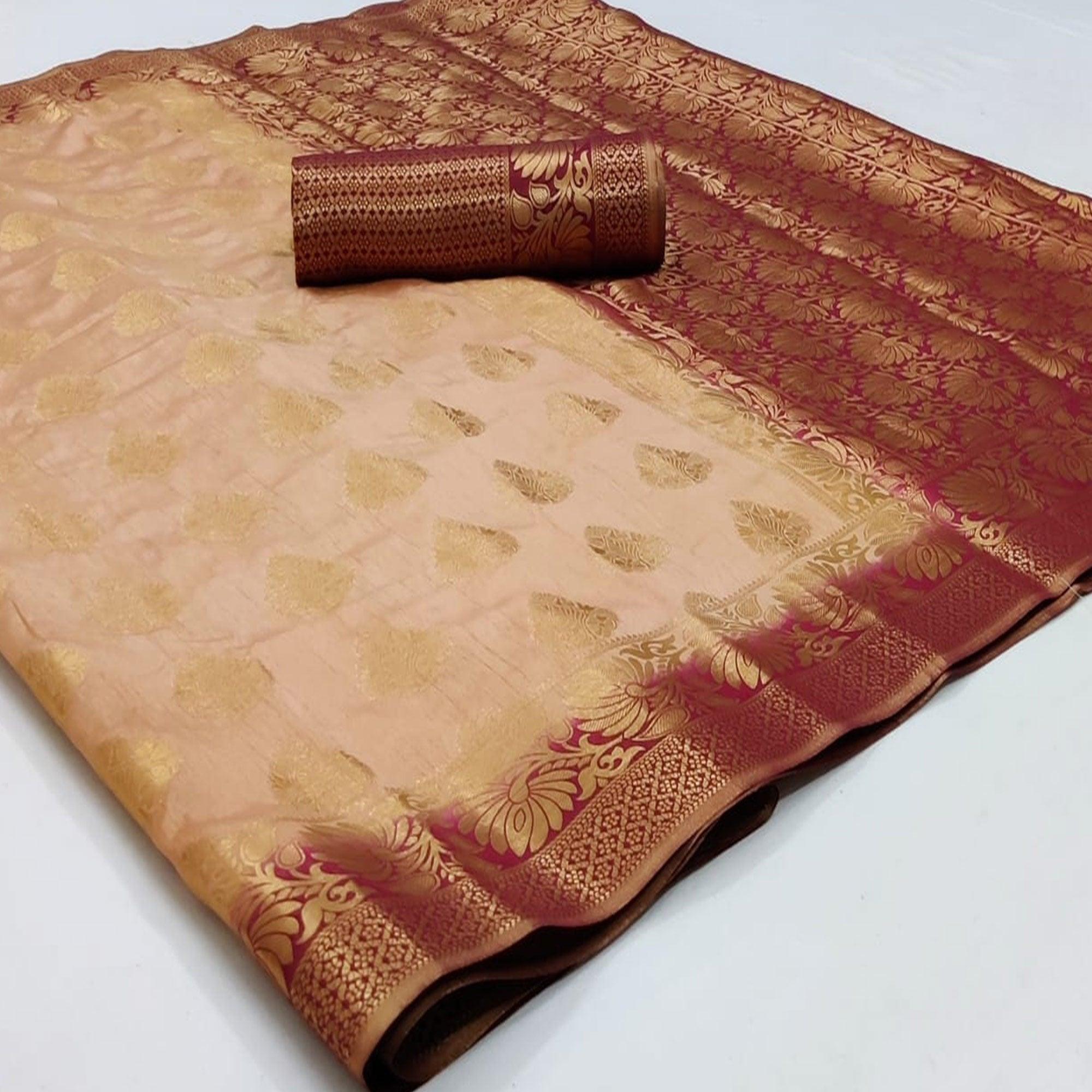 Beige-Wine Festive Wear Woven Zari Pallu Art Silk Saree - Peachmode