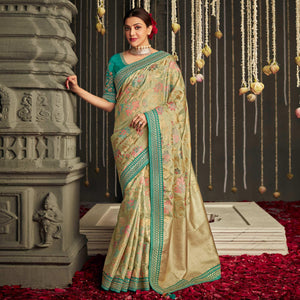 Beige Woven Art Silk Saree With Tassels - Peachmode