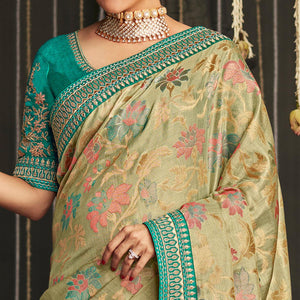 Beige Woven Art Silk Saree With Tassels - Peachmode