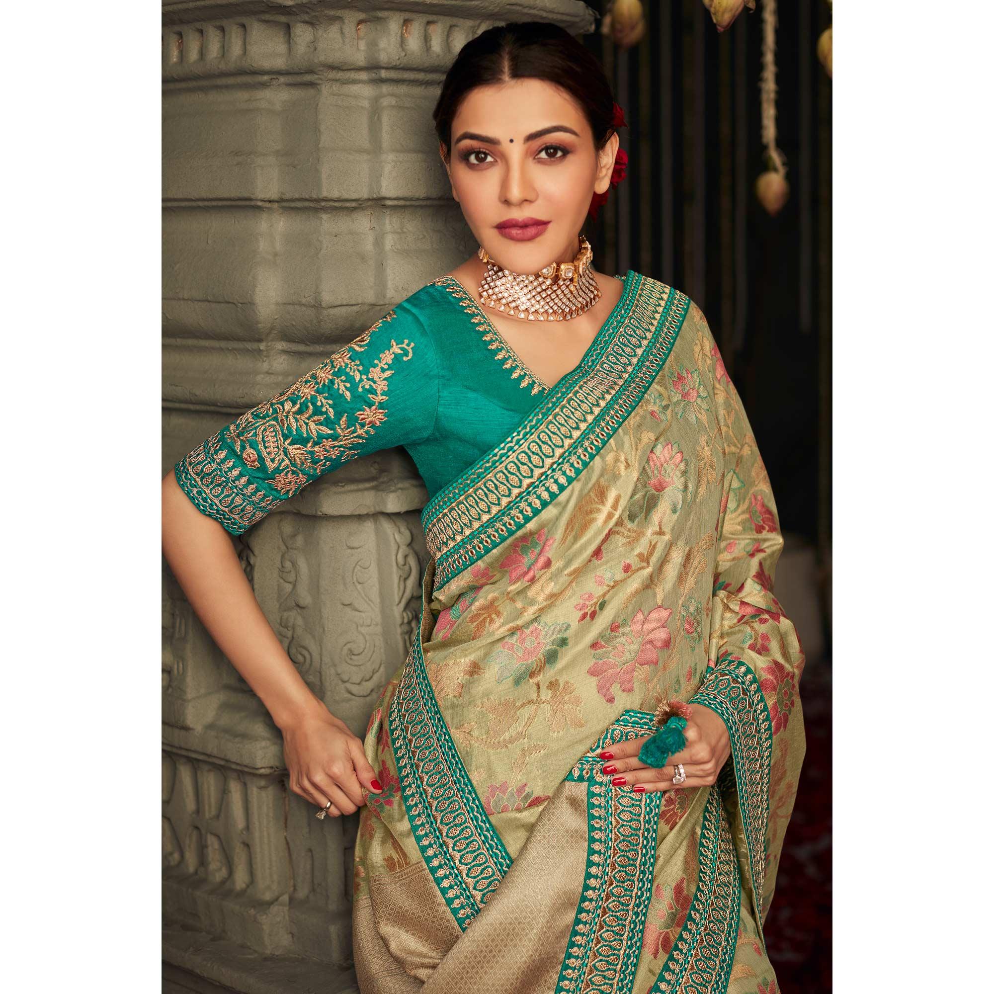 Beige Woven Art Silk Saree With Tassels - Peachmode