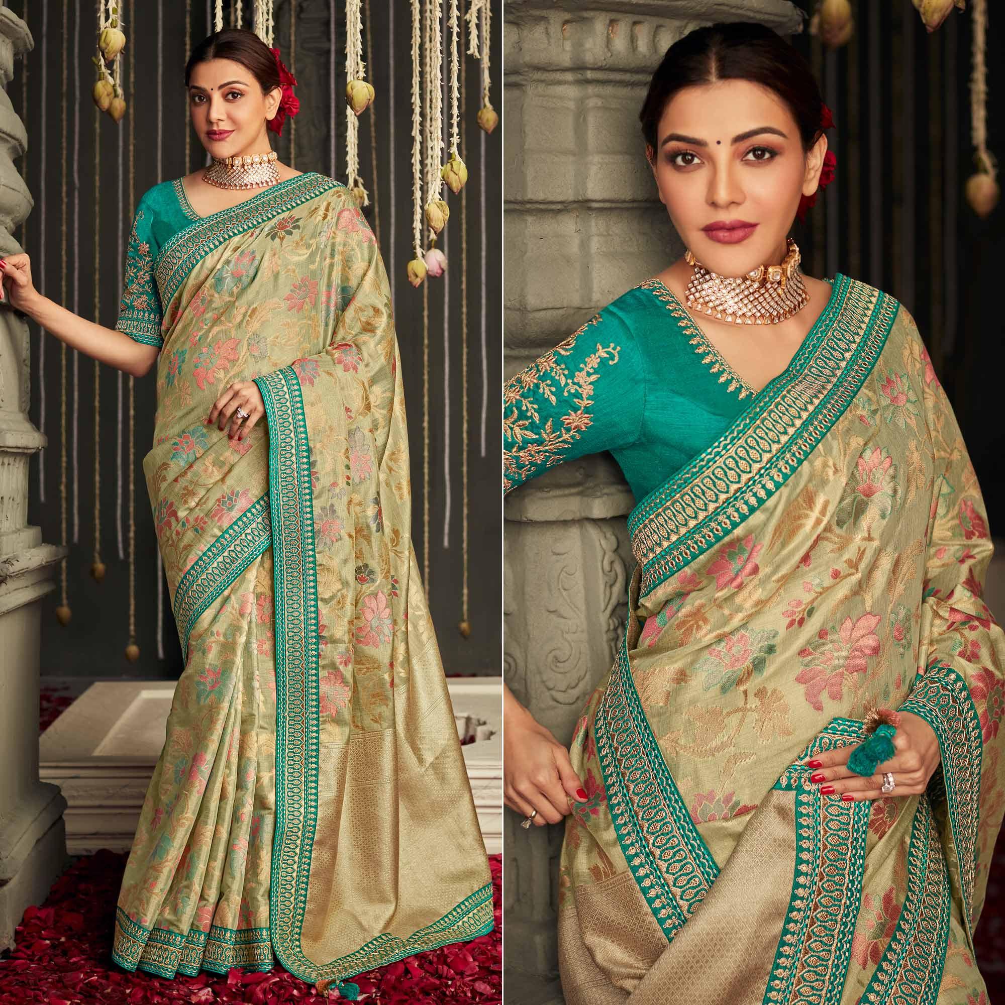 Beige Woven Art Silk Saree With Tassels - Peachmode