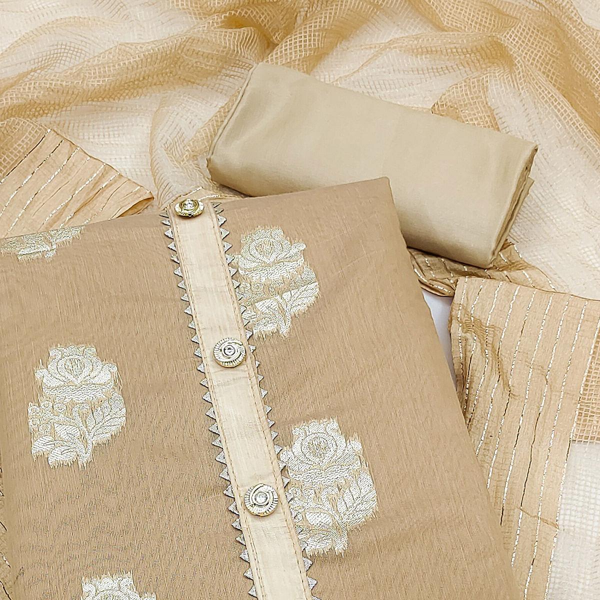 Beige Woven Banarasi Silk Dress Material - Peachmode