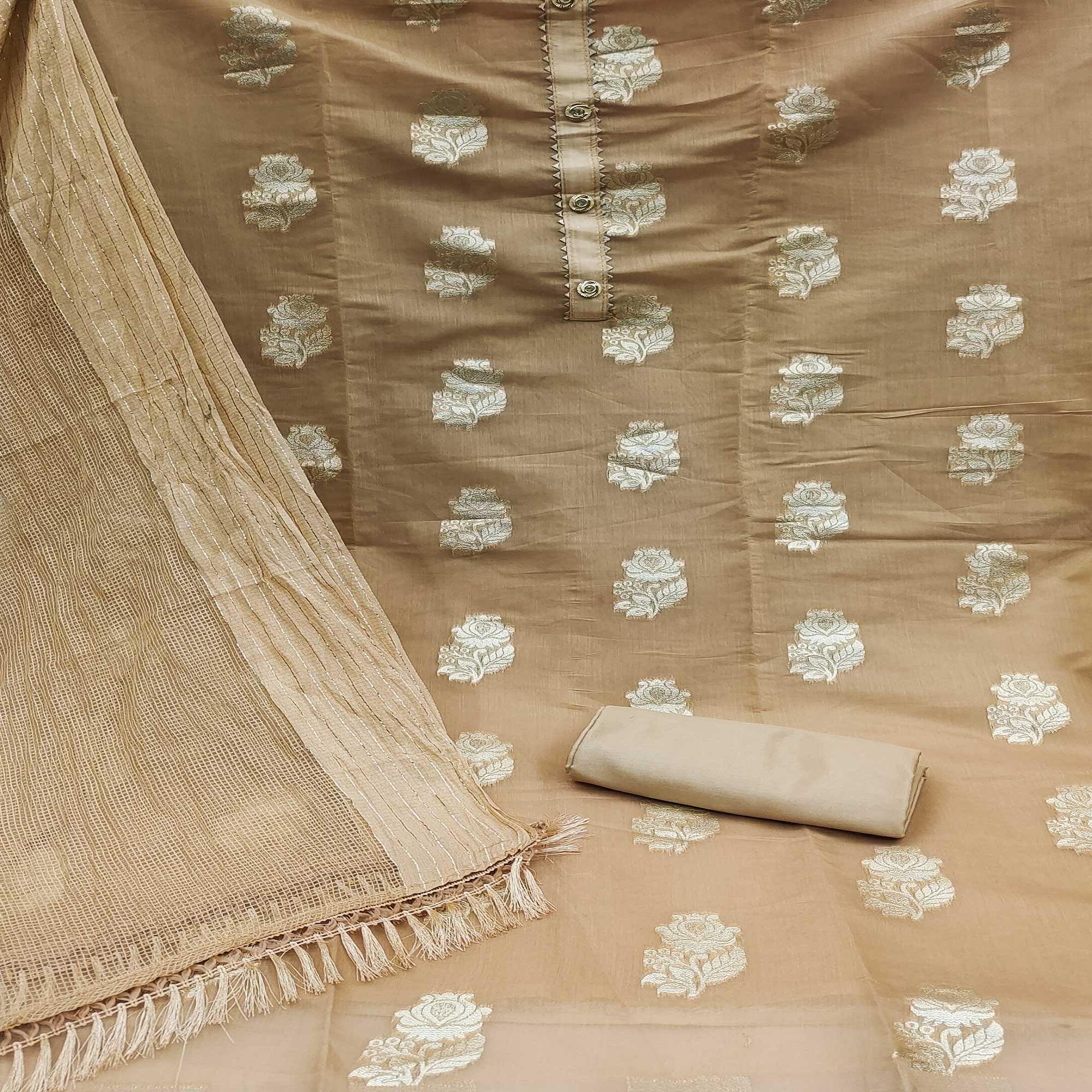 Beige Woven Banarasi Silk Dress Material - Peachmode