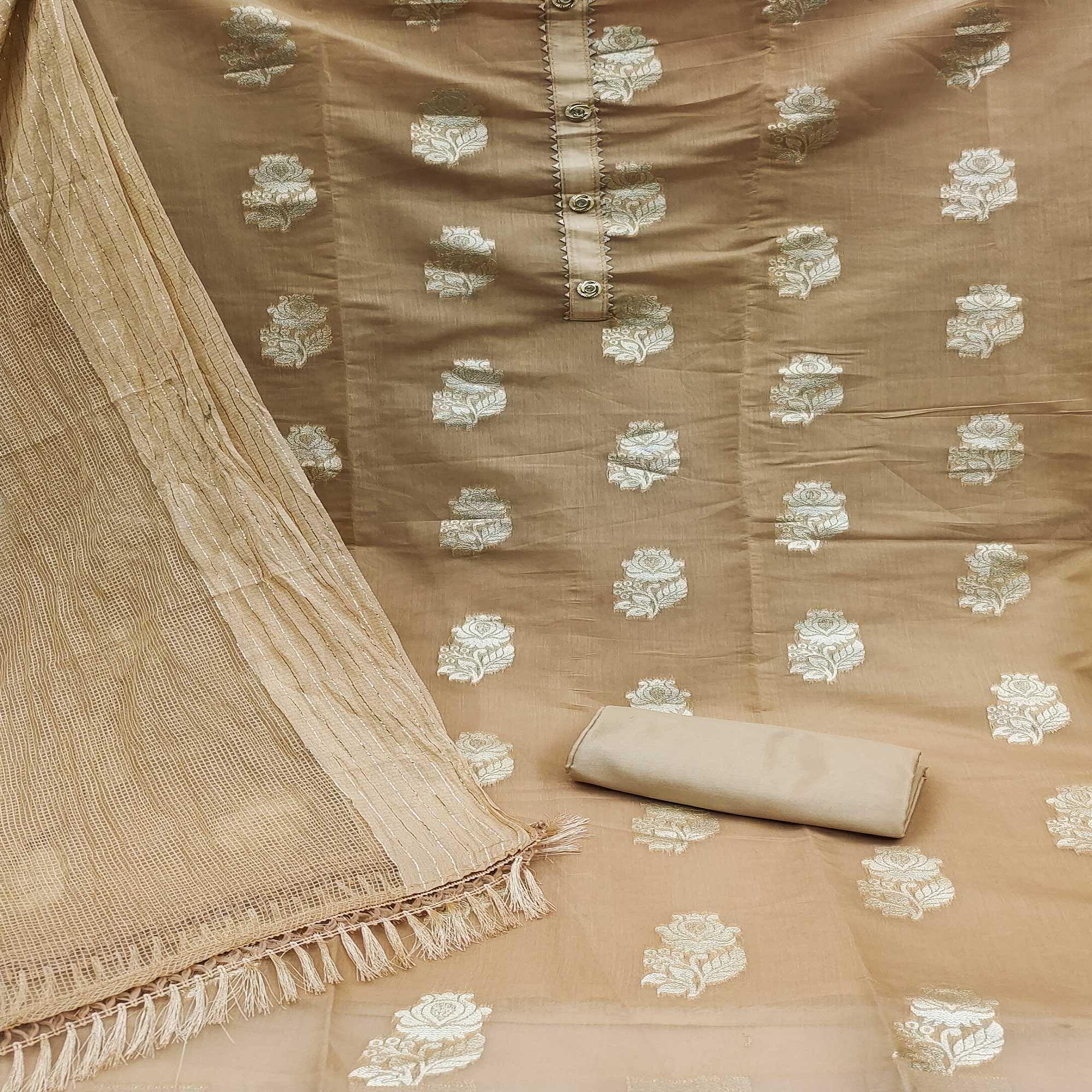 Beige Woven Banarasi Silk Dress Material - Peachmode