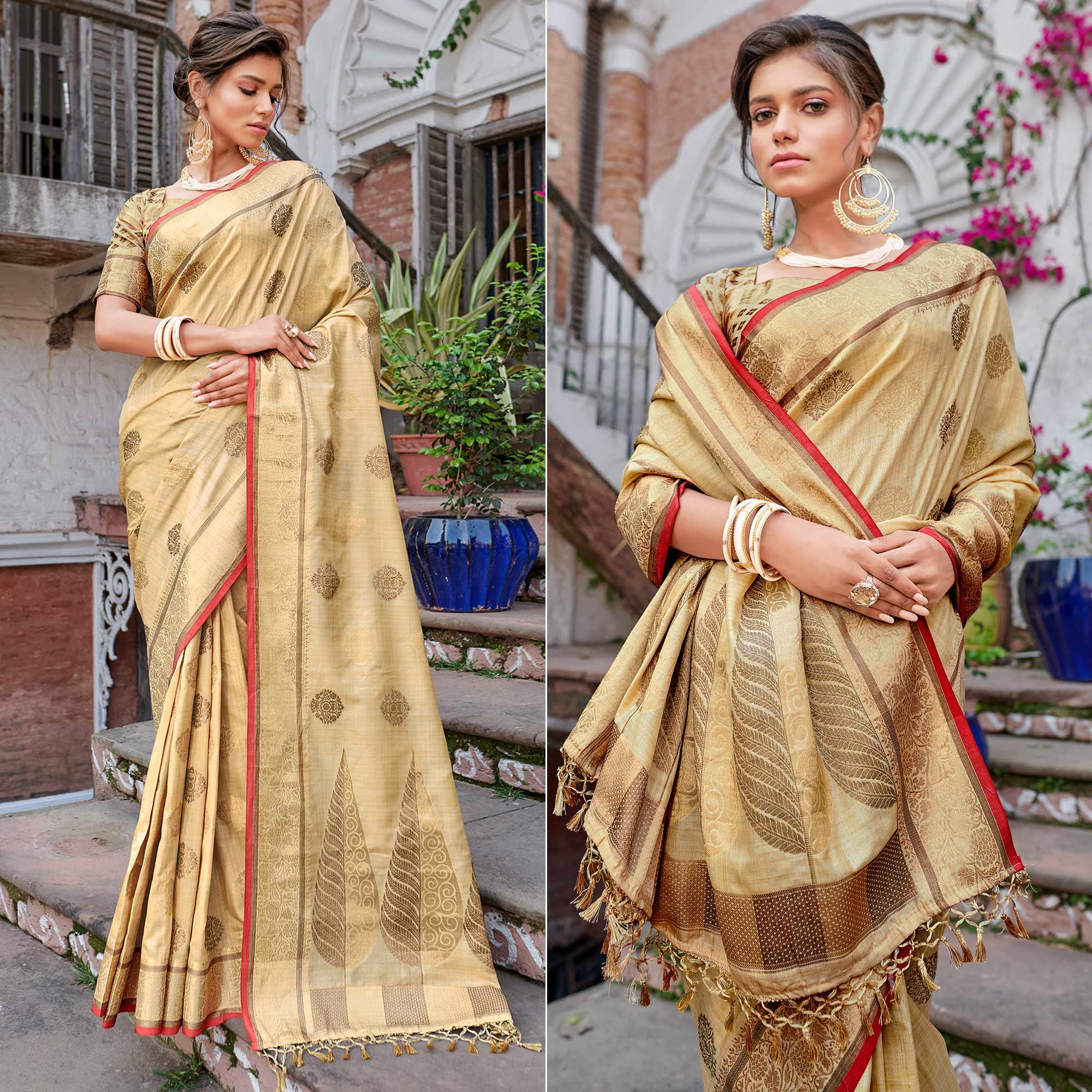 Beige Woven Banarasi Silk Saree - Peachmode