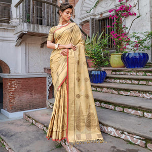 Beige Woven Banarasi Silk Saree - Peachmode