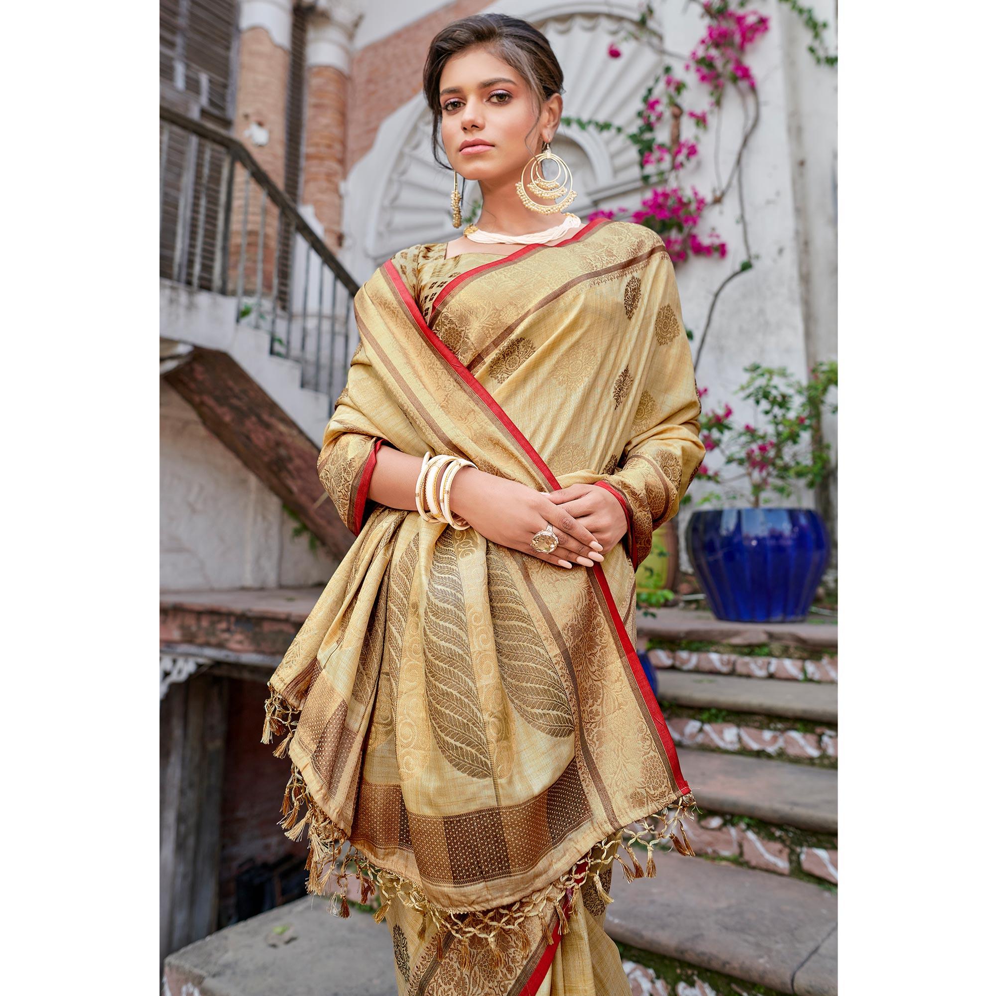 Beige Woven Banarasi Silk Saree - Peachmode