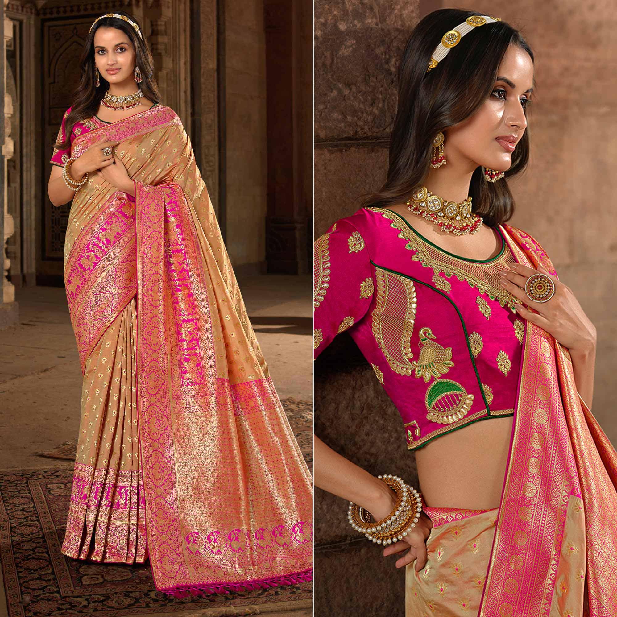 Beige Woven Banarasi Silk Saree With Tassels - Peachmode