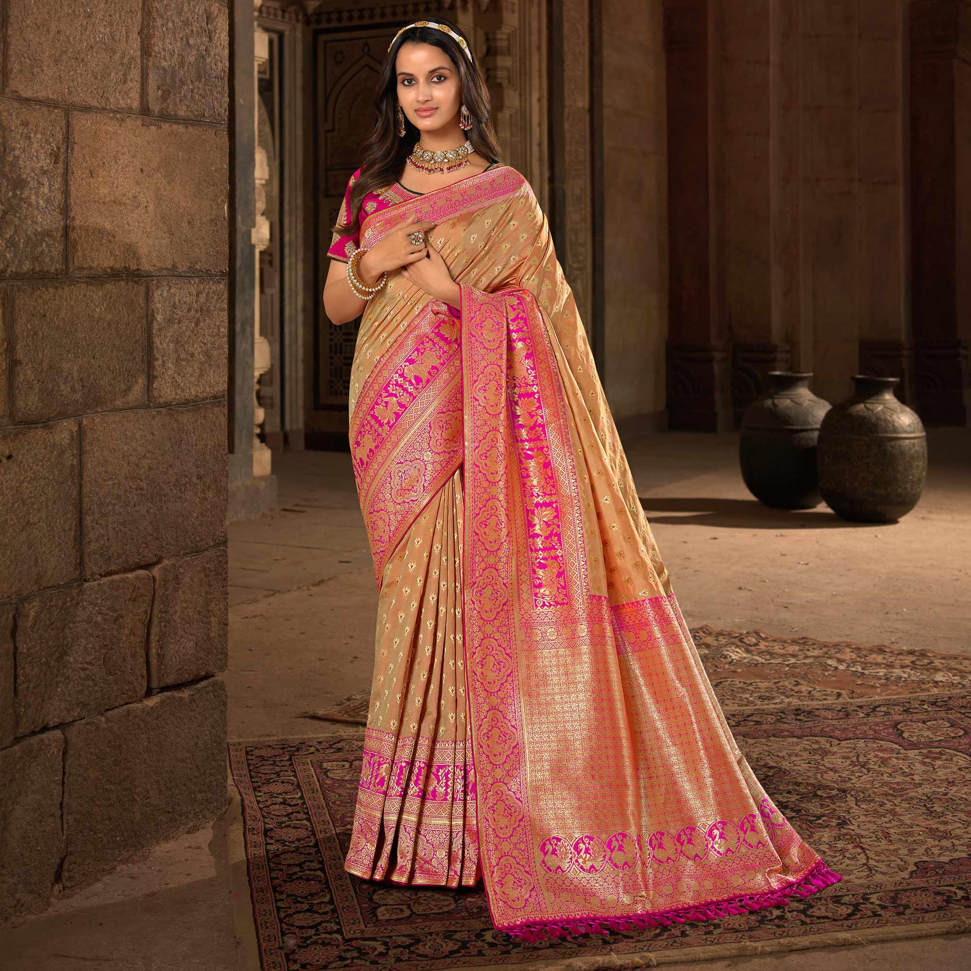Beige Woven Banarasi Silk Saree With Tassels - Peachmode