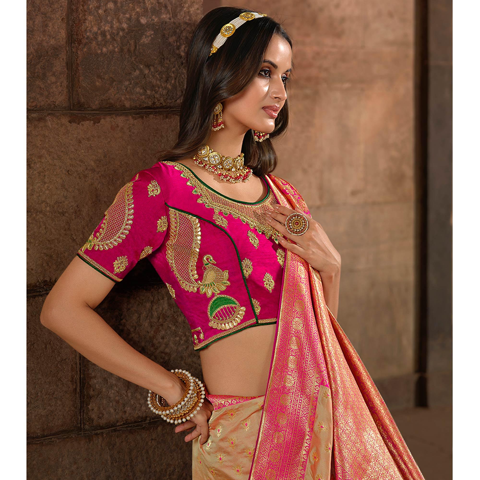 Beige Woven Banarasi Silk Saree With Tassels - Peachmode