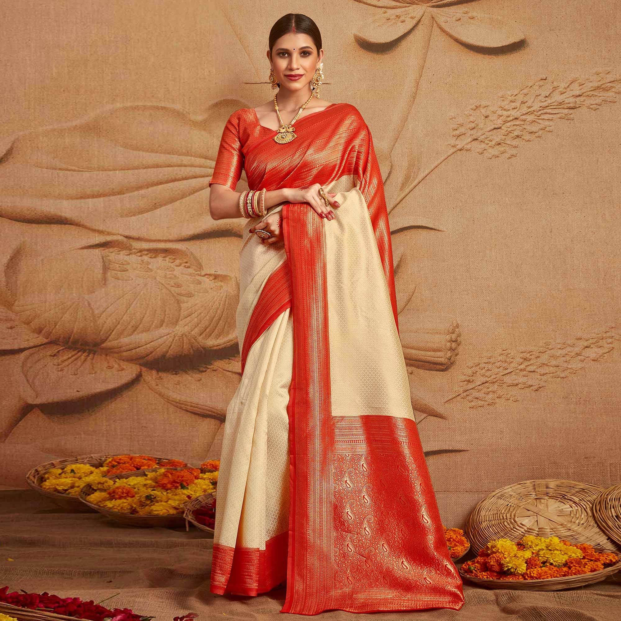 Beige Woven Cotton Silk Saree - Peachmode