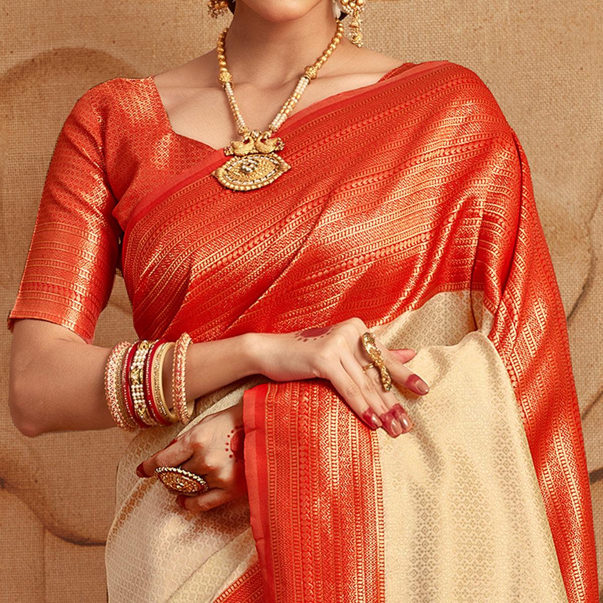 Beige Woven Cotton Silk Saree - Peachmode