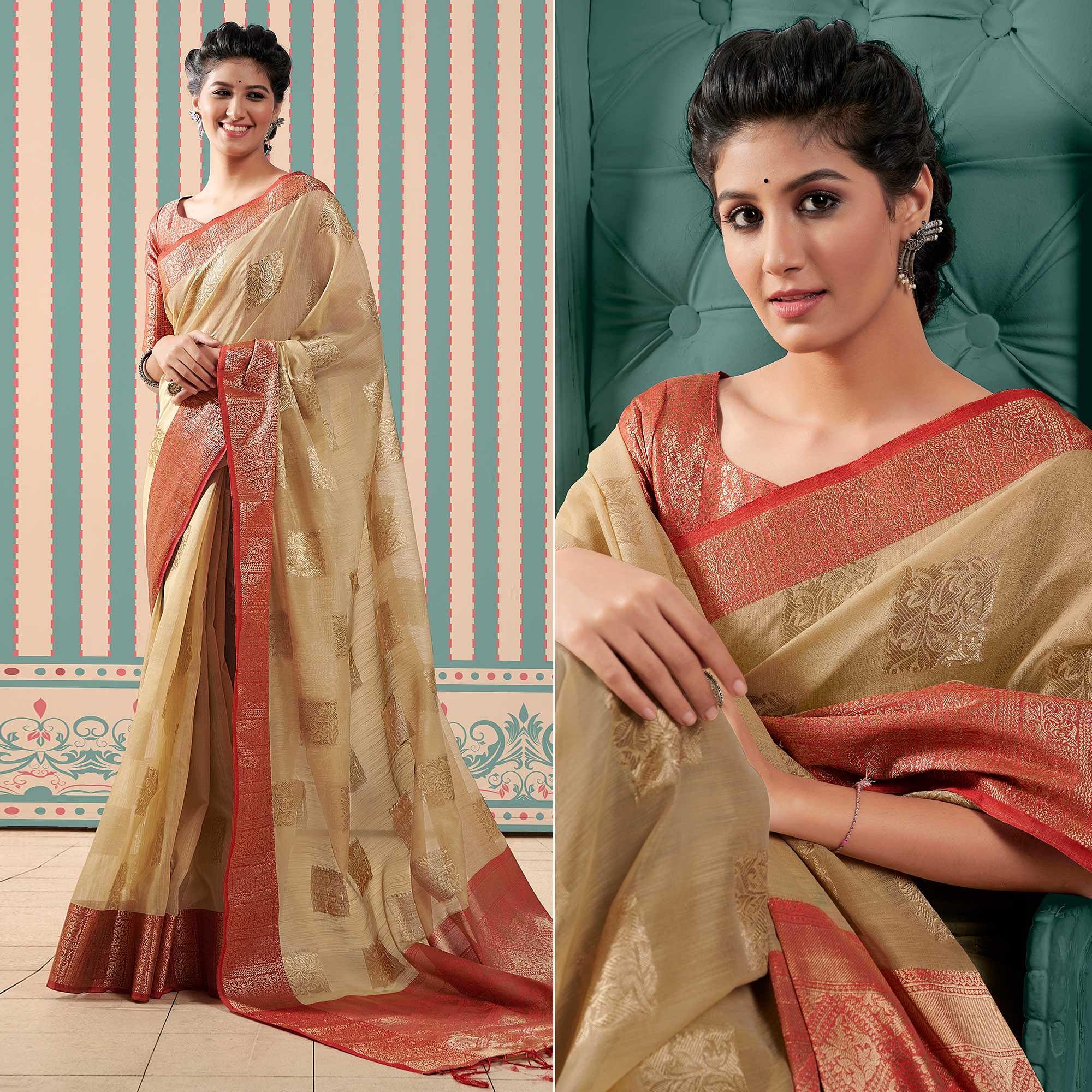 Beige Woven Linen Saree With Tassels - Peachmode